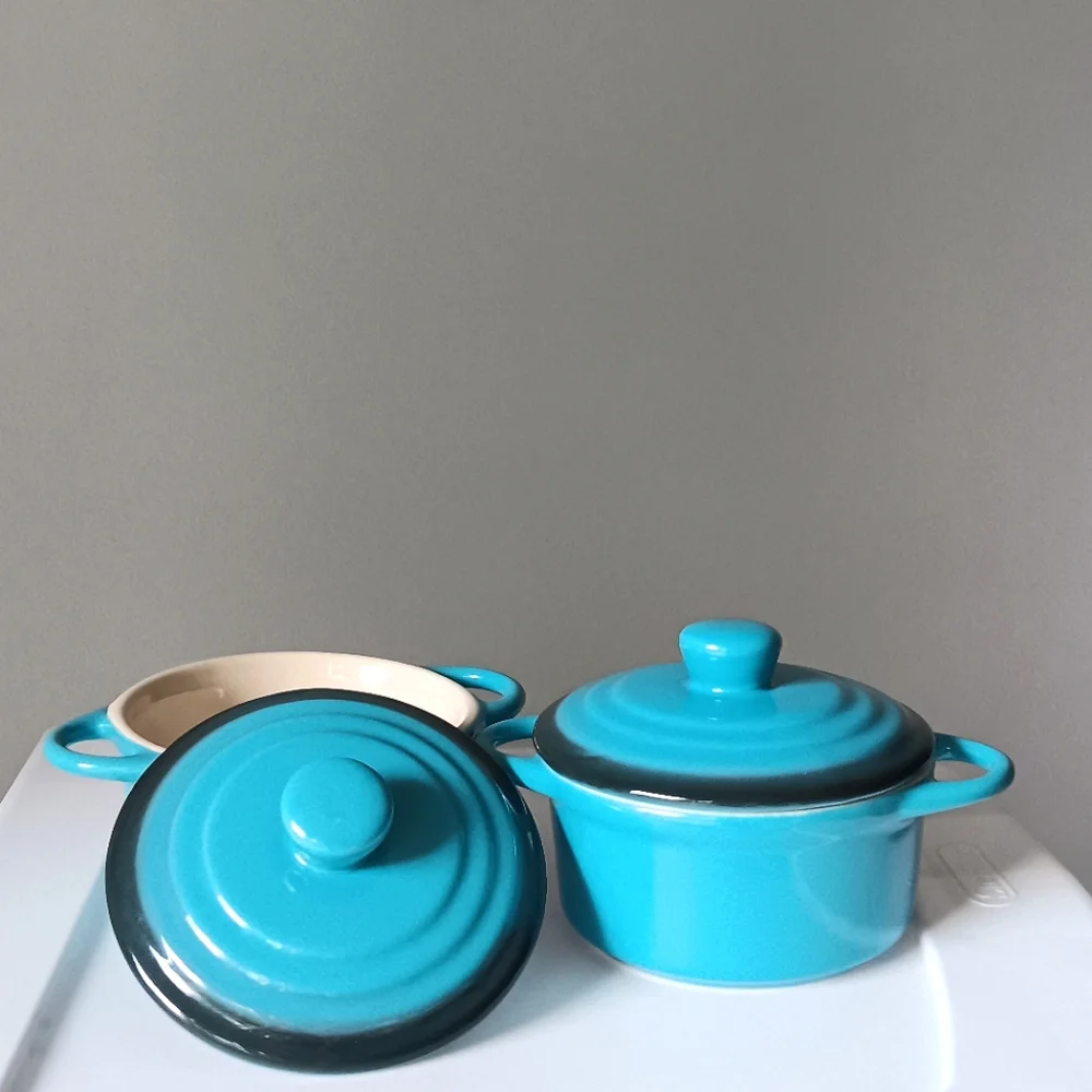 Pair of Ceramic Bowls with Lids & Handles Aqua Blue White 4.5